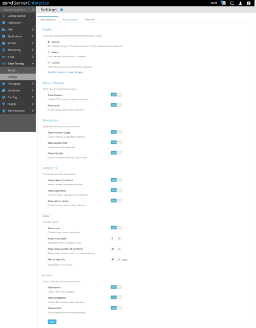 Code Tracing Settings | Data Collection