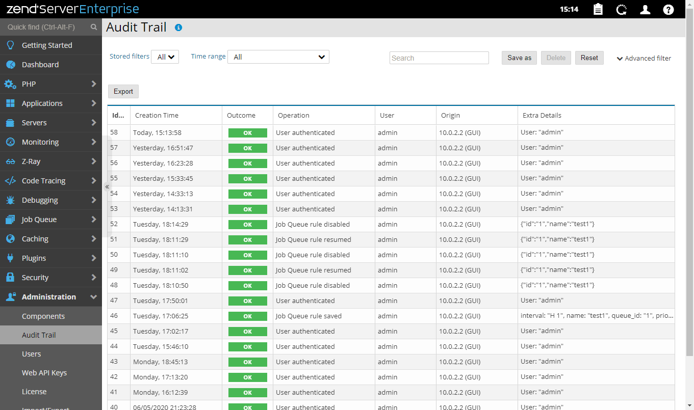  A screenshot of the audit trail page in the Zendesk administration console, showing a list of recent administrative activities.