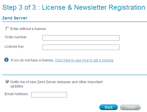 Zend Server License Details Zend Server Password and License Details Screen