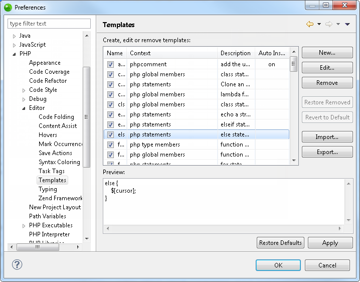 Template Preferences Page