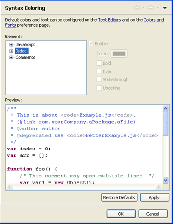 JavaScript Syntax Coloring Preferences Page