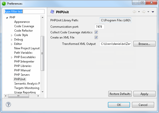 PHPUnit Preferences Page